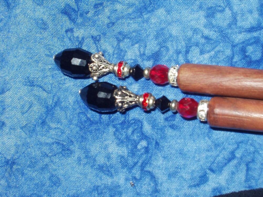 Gothic Blackwood Hairsticks with Crystals, Silver Accents
